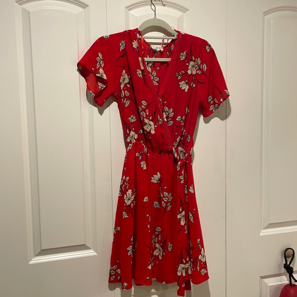 EUC red floral faux wrap dress